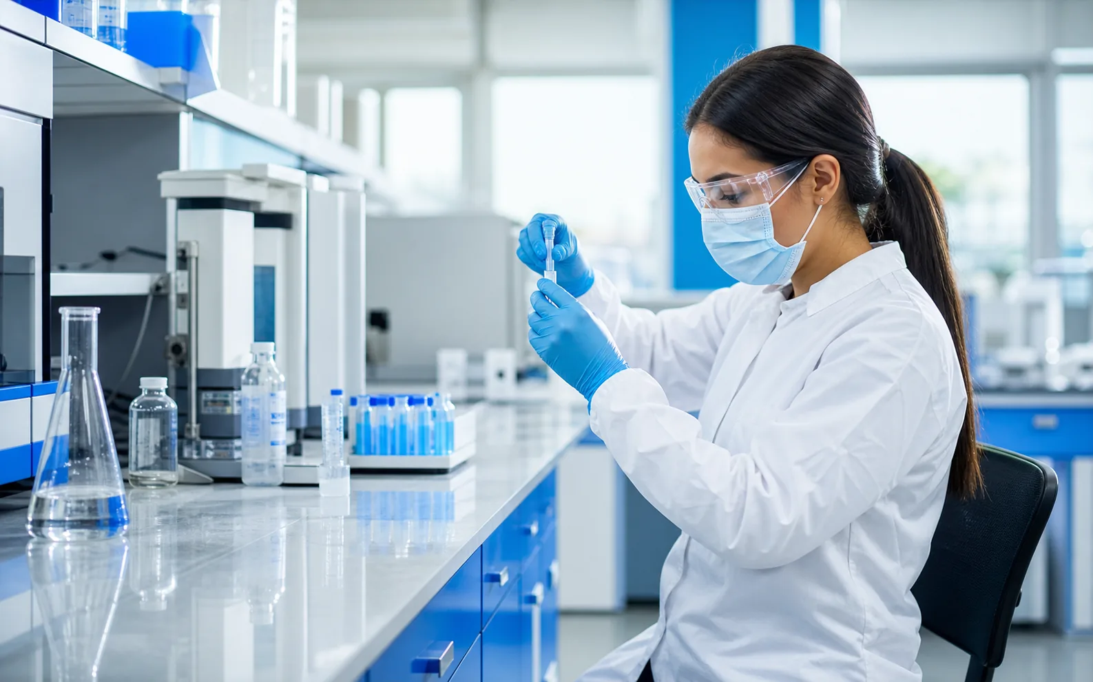Profesional realizando control de calidad farmacéutico